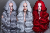 Set of long lace front mesh wigs, grey, platinum blonde and red hair