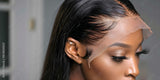 Close up view showing a brown hair wig with lace